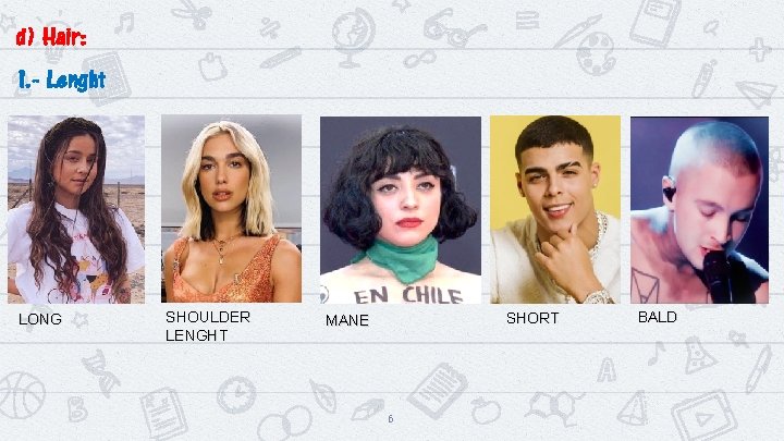 d) Hair: 1. - Lenght LONG SHOULDER LENGHT SHORT MANE 6 BALD 