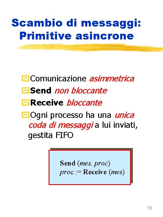 Scambio di messaggi: Primitive asincrone y. Comunicazione asimmetrica y. Send non bloccante y. Receive
