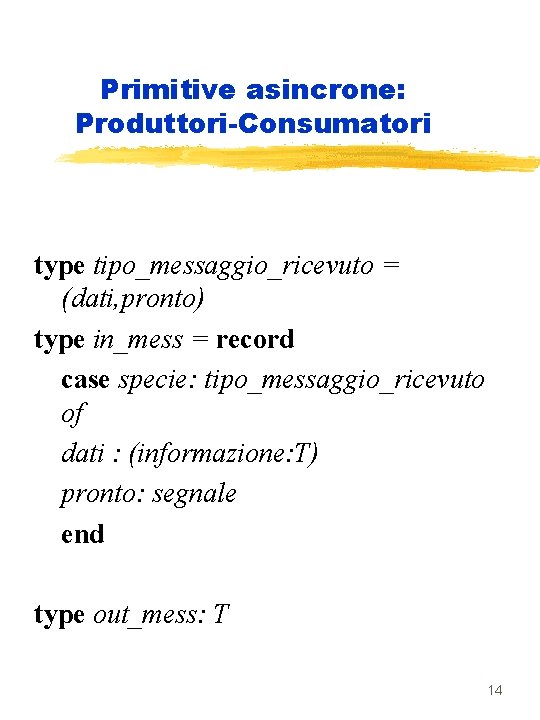 Primitive asincrone: Produttori-Consumatori type tipo_messaggio_ricevuto = (dati, pronto) type in_mess = record case specie: