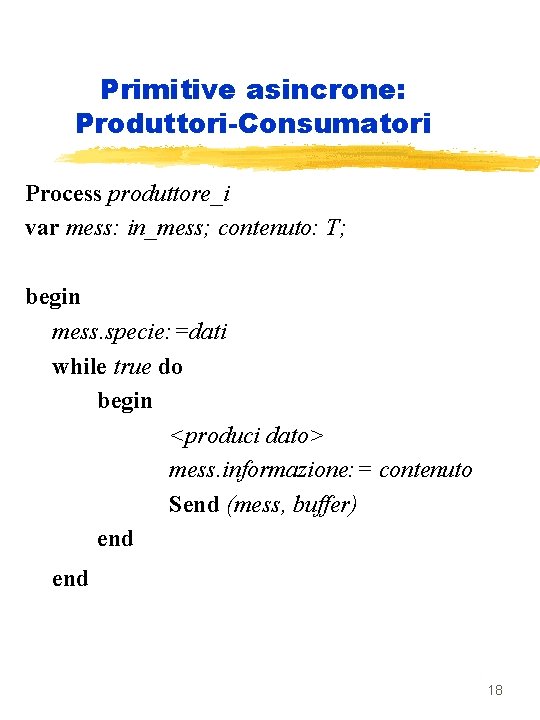 Primitive asincrone: Produttori-Consumatori Process produttore_i var mess: in_mess; contenuto: T; begin mess. specie: =dati