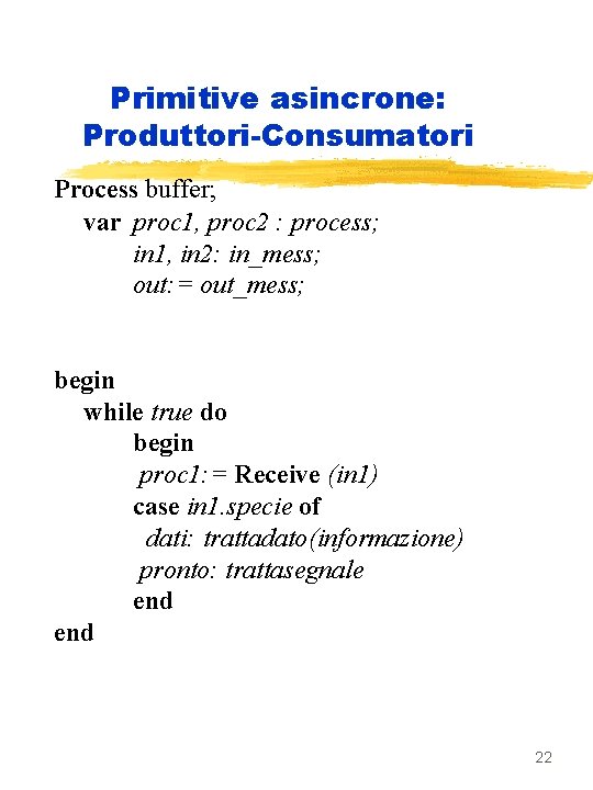 Primitive asincrone: Produttori-Consumatori Process buffer; var proc 1, proc 2 : process; in 1,