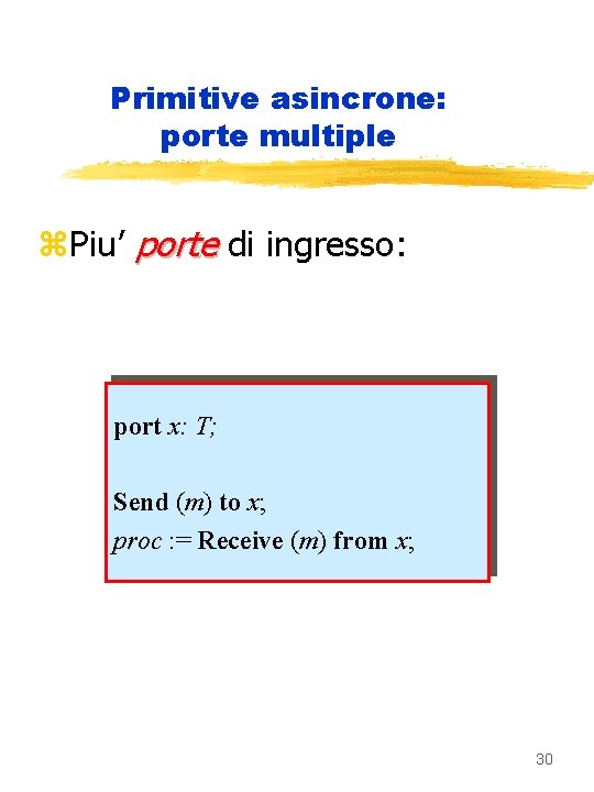 Primitive asincrone: porte multiple z. Piu’ porte di ingresso: port x: T; Send (m)