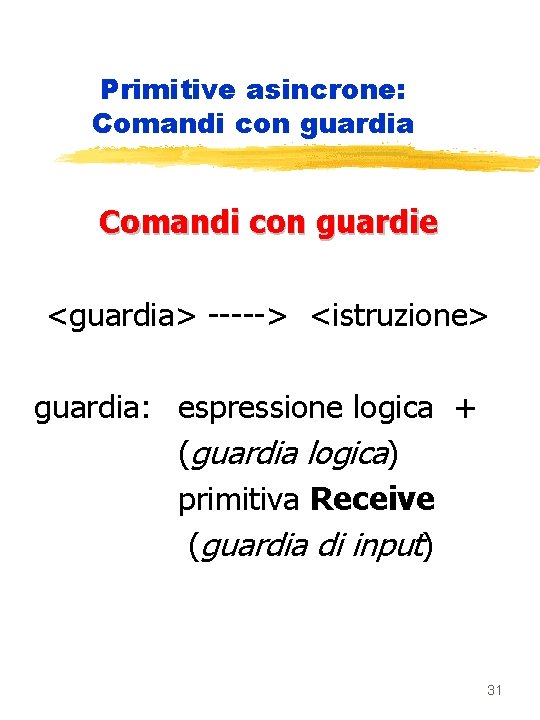Primitive asincrone: Comandi con guardia Comandi con guardie <guardia> -----> <istruzione> guardia: espressione logica