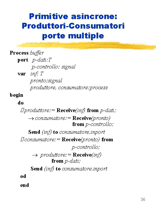 Primitive asincrone: Produttori-Consumatori porte multiple Process buffer port p-dati: T p-controllo: signal var inf: