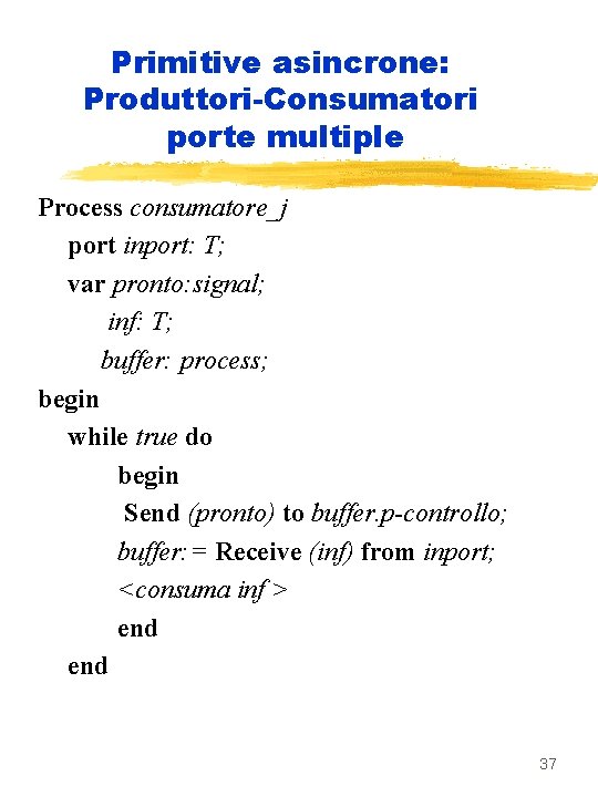 Primitive asincrone: Produttori-Consumatori porte multiple Process consumatore_j port inport: T; var pronto: signal; inf: