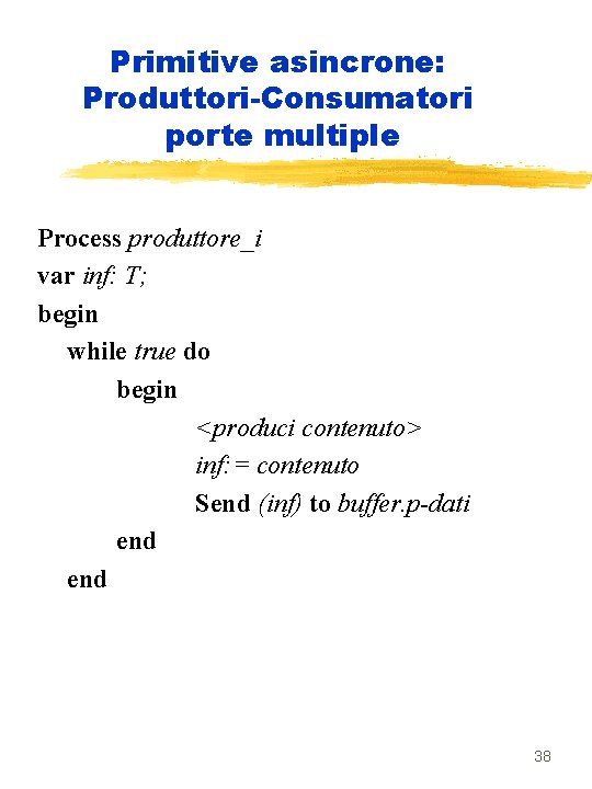 Primitive asincrone: Produttori-Consumatori porte multiple Process produttore_i var inf: T; begin while true do