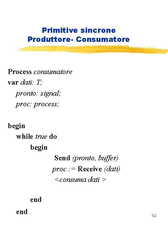 Primitive sincrone Produttore- Consumatore Process consumatore var dati: T; pronto: signal; proc: process; begin