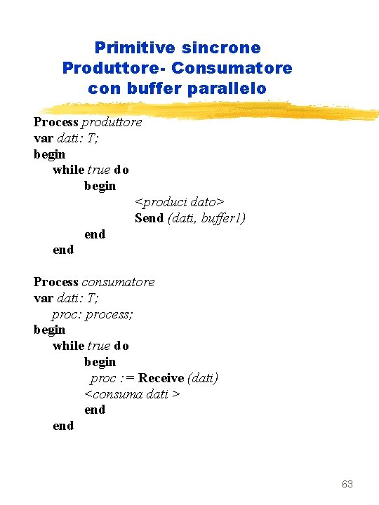 Primitive sincrone Produttore- Consumatore con buffer parallelo Process produttore var dati: T; begin while