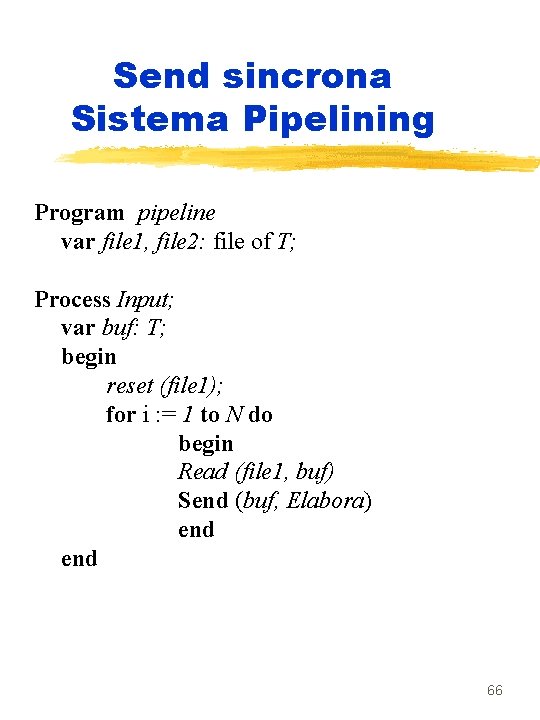 Send sincrona Sistema Pipelining Program pipeline var file 1, file 2: file of T;