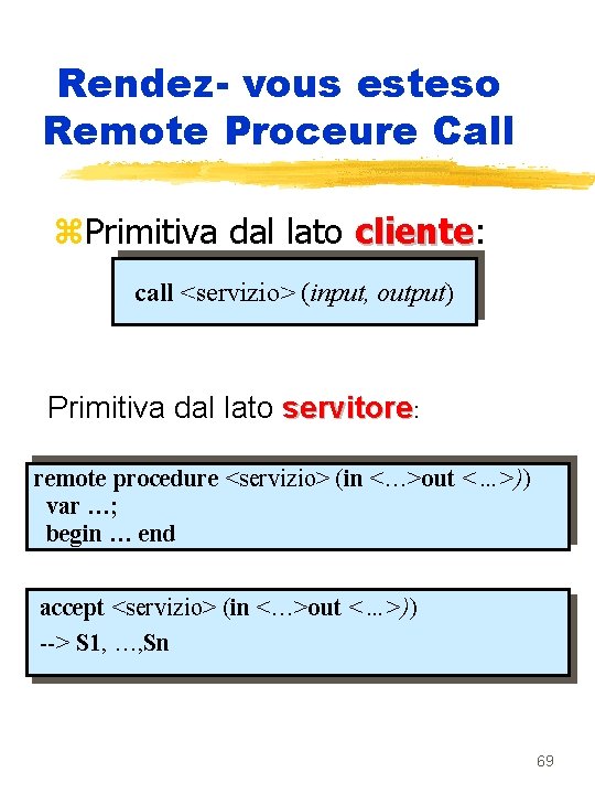 Rendez- vous esteso Remote Proceure Call z. Primitiva dal lato cliente: cliente call <servizio>