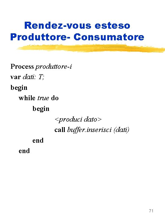 Rendez-vous esteso Produttore- Consumatore Process produttore-i var dati: T; begin while true do begin