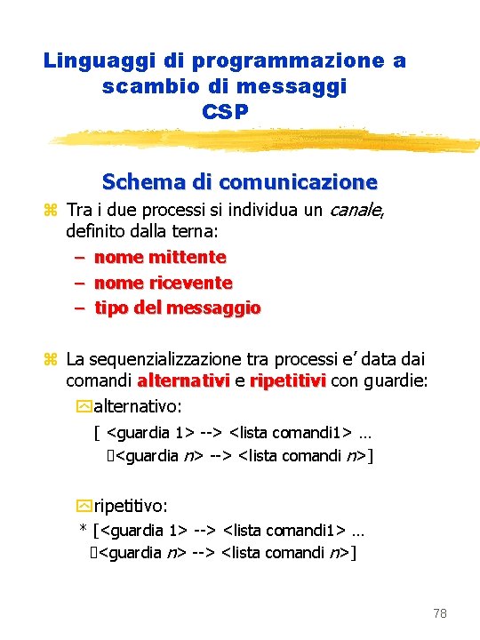 Linguaggi di programmazione a scambio di messaggi CSP Schema di comunicazione z Tra i