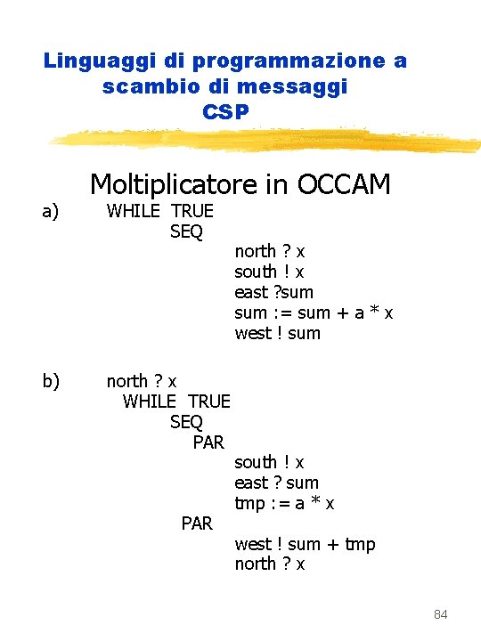 Linguaggi di programmazione a scambio di messaggi CSP a) b) Moltiplicatore in OCCAM WHILE