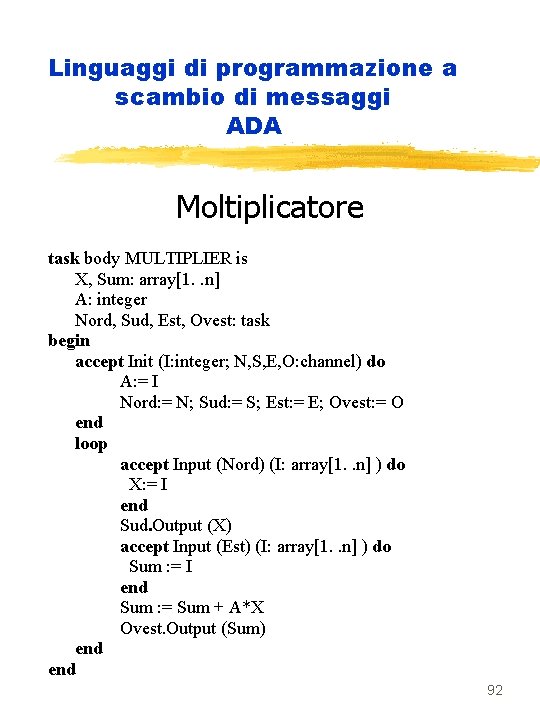 Linguaggi di programmazione a scambio di messaggi ADA Moltiplicatore task body MULTIPLIER is X,