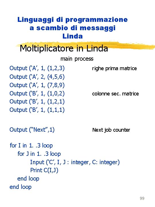 Linguaggi di programmazione a scambio di messaggi Linda Moltiplicatore in Linda main process Output