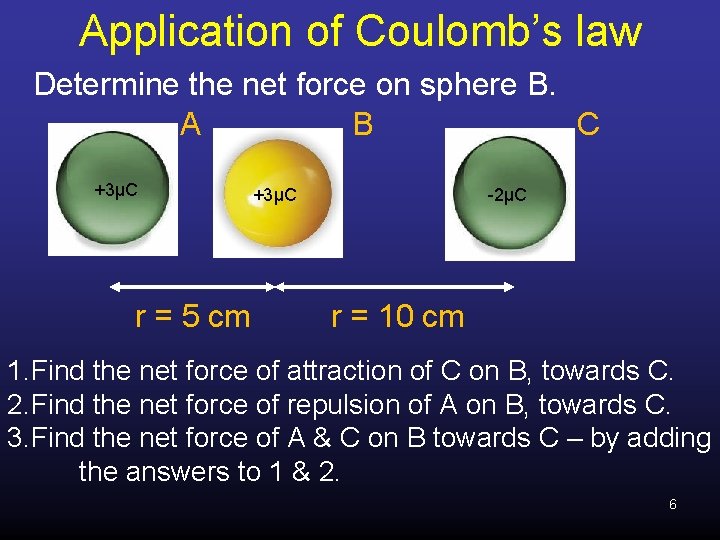 Application of Coulomb’s law Determine the net force on sphere B. A B C