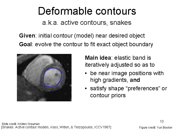 Deformable contours a. k. a. active contours, snakes Given: initial contour (model) near desired