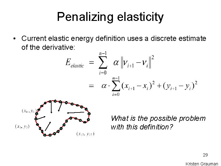 Penalizing elasticity • Current elastic energy definition uses a discrete estimate of the derivative: