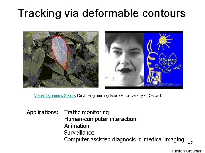 Tracking via deformable contours Visual Dynamics Group, Dept. Engineering Science, University of Oxford. Applications: