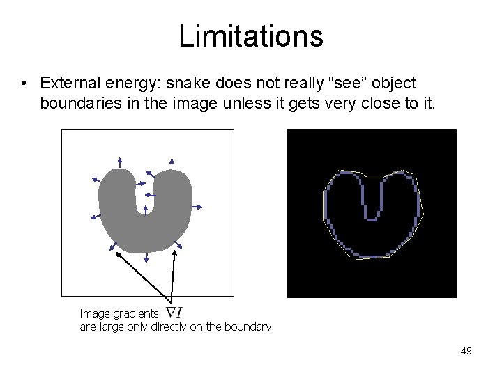 Limitations • External energy: snake does not really “see” object boundaries in the image