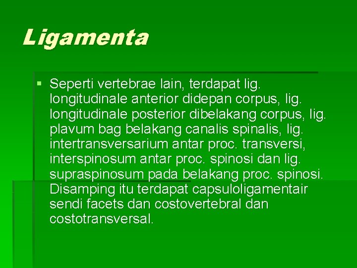 Ligamenta § Seperti vertebrae lain, terdapat lig. longitudinale anterior didepan corpus, lig. longitudinale posterior