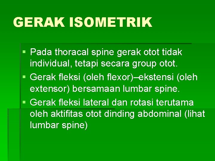 GERAK ISOMETRIK § Pada thoracal spine gerak otot tidak individual, tetapi secara group otot.