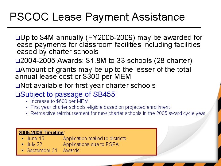 PSCOC Lease Payment Assistance q. Up to $4 M annually (FY 2005 -2009) may