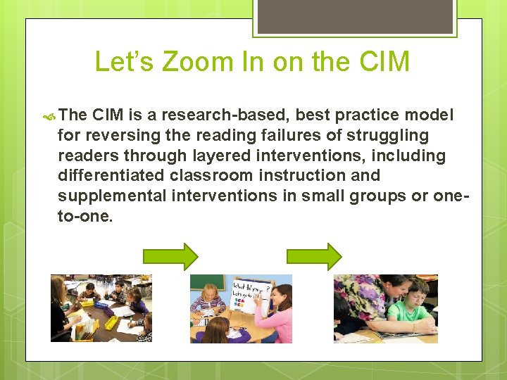 Let’s Zoom In on the CIM The CIM is a research-based, best practice model