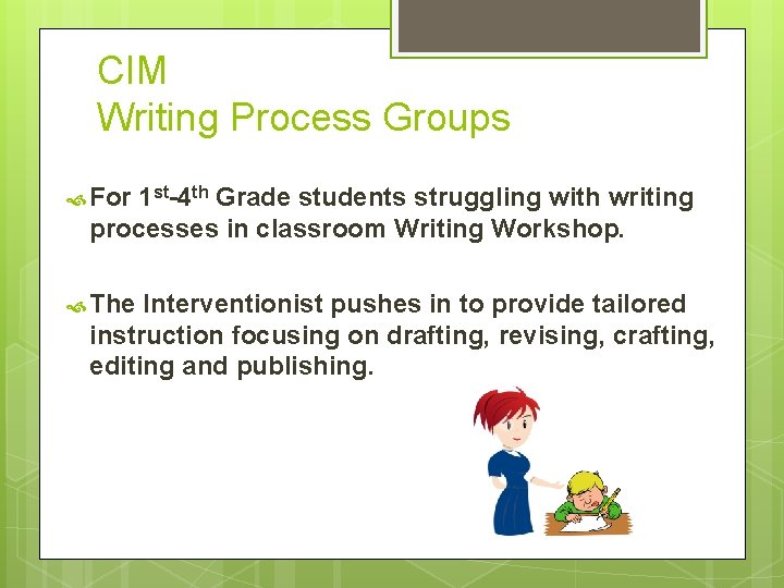 CIM Writing Process Groups For 1 st-4 th Grade students struggling with writing processes