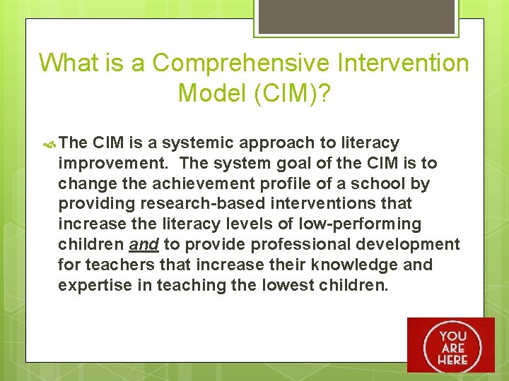 What is a Comprehensive Intervention Model (CIM)? The CIM is a systemic approach to