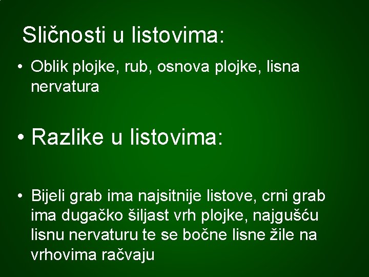 Sličnosti u listovima: • Oblik plojke, rub, osnova plojke, lisna nervatura • Razlike u