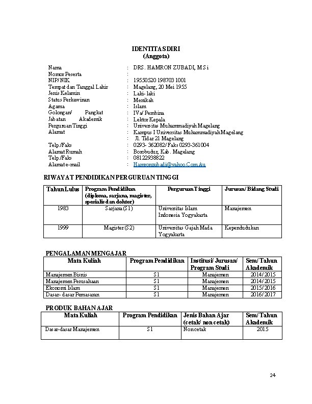 IDENTITAS DIRI (Anggota) Nama Nomor Peserta NIP/ NIK Tempat dan Tanggal Lahir Jenis Kelamin