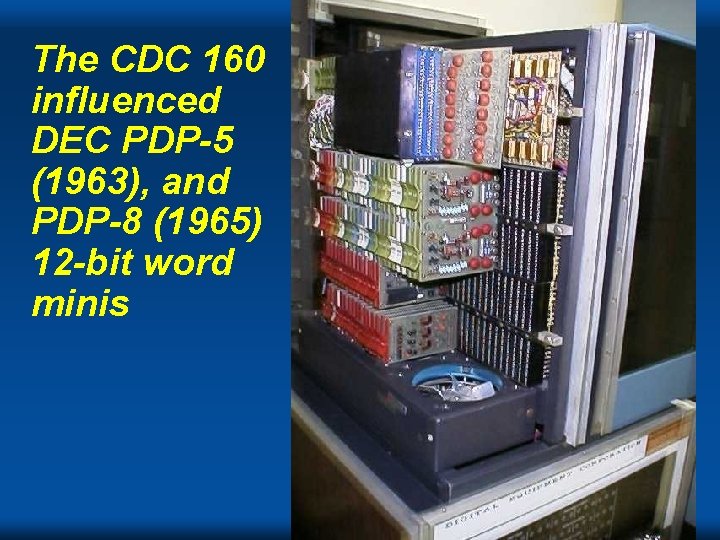 The CDC 160 influenced DEC PDP-5 (1963), and PDP-8 (1965) 12 -bit word minis The CDC 160 influenced DEC PDP-5 (1963), and PDP-8 (1965) 12 -bit word minis