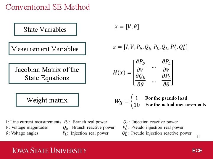 Conventional SE Method State Variables Measurement Variables Jacobian Matrix of the State Equations Weight
