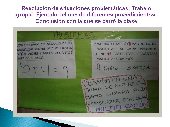 Resolución de situaciones problemáticas: Trabajo grupal: Ejemplo del uso de diferentes procedimientos. Conclusión con