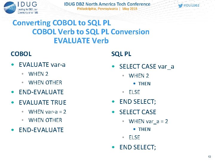 Converting COBOL to SQL PL COBOL Verb to SQL PL Conversion EVALUATE Verb COBOL