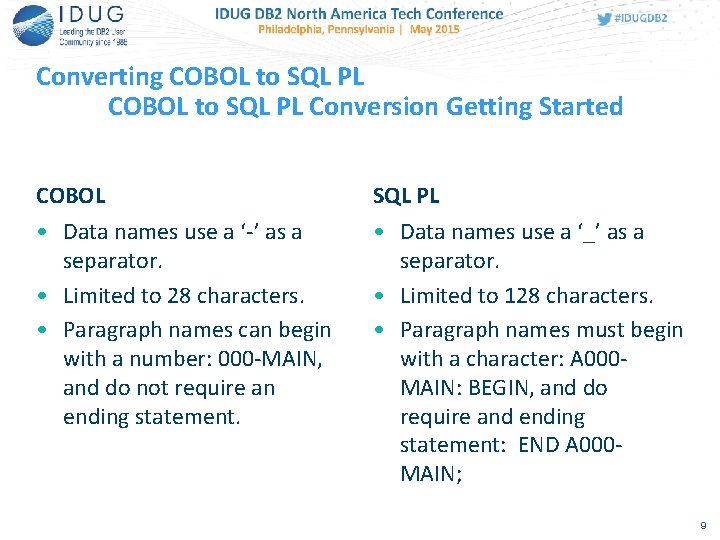 Converting COBOL to SQL PL Conversion Getting Started COBOL SQL PL • Data names