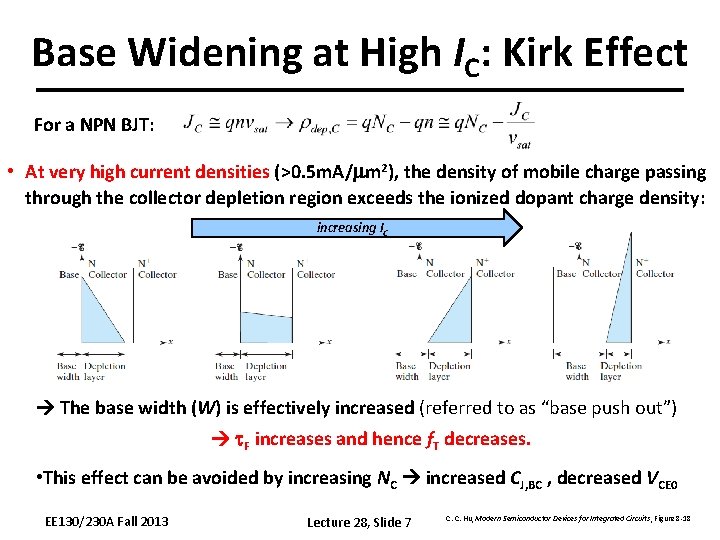 Base Widening at High IC: Kirk Effect For a NPN BJT: • At very