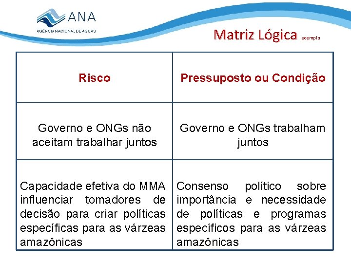 Matriz Lógica exemplo Risco Pressuposto ou Condição Governo e ONGs não aceitam trabalhar juntos