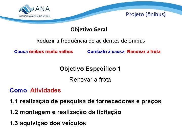 Projeto (ônibus) Objetivo Geral Reduzir a freqüência de acidentes de ônibus Causa ônibus muito