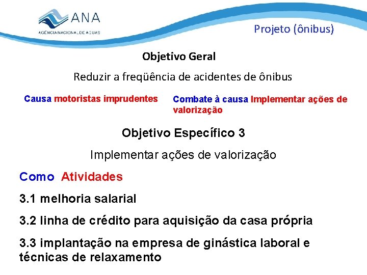 Projeto (ônibus) Objetivo Geral Reduzir a freqüência de acidentes de ônibus Causa motoristas imprudentes