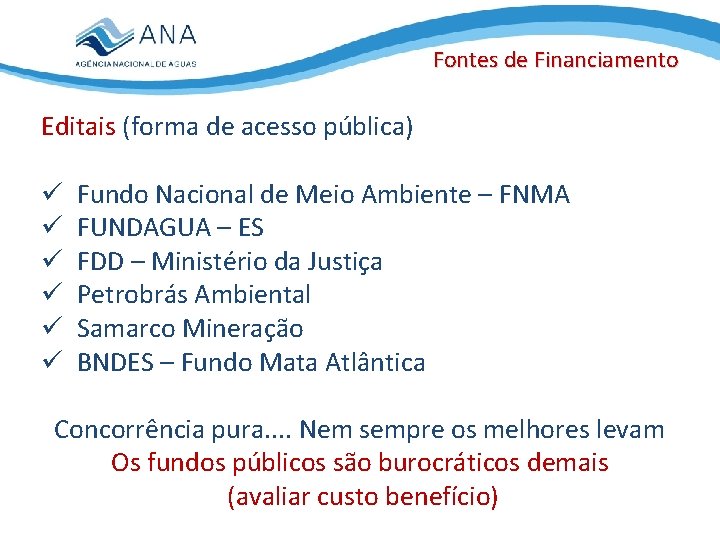 Fontes de Financiamento Editais (forma de acesso pública) ü ü ü Fundo Nacional de