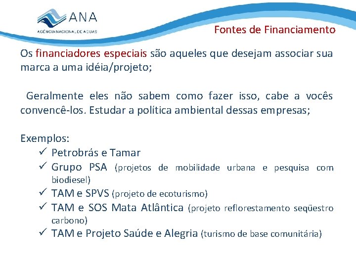 Fontes de Financiamento Os financiadores especiais são aqueles que desejam associar sua marca a