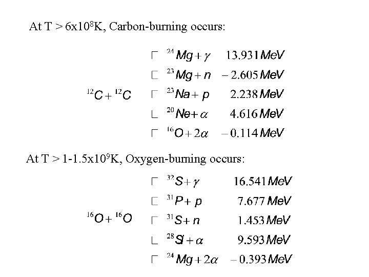 At T > 6 x 108 K, Carbon-burning occurs: At T > 1 -1.