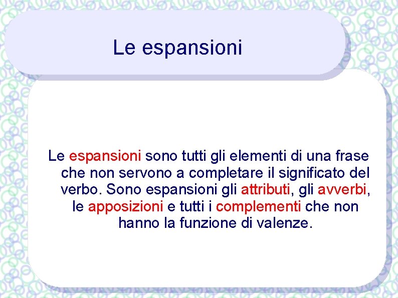 Le espansioni sono tutti gli elementi di una frase che non servono a completare