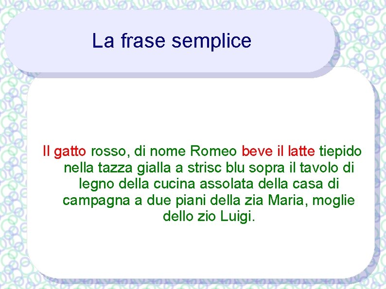 La frase semplice Il gatto rosso, di nome Romeo beve il latte tiepido nella