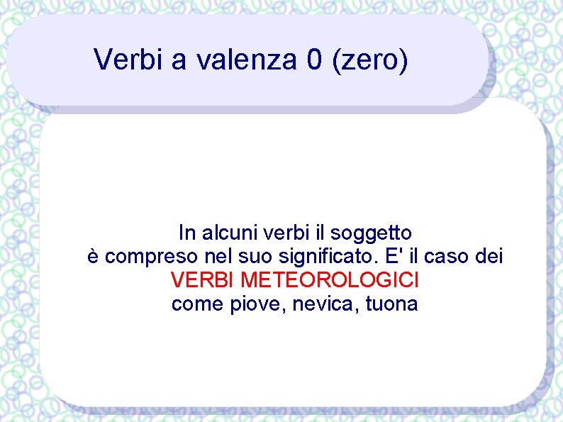 Verbi a valenza 0 (zero) In alcuni verbi il soggetto è compreso nel suo