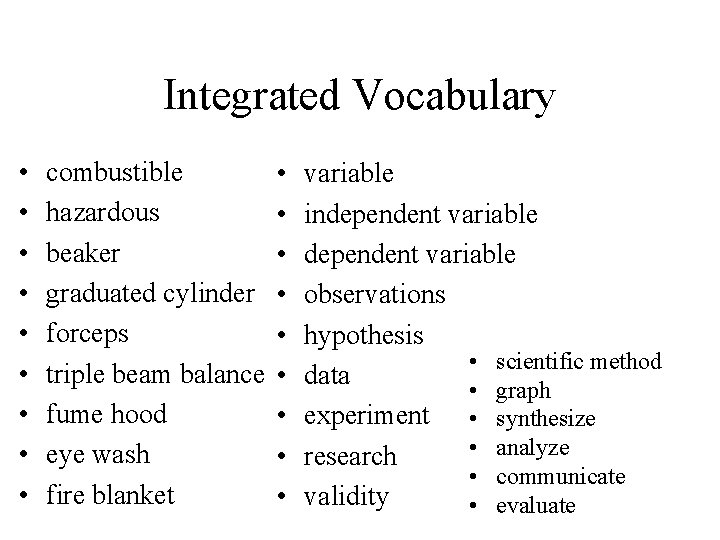 Integrated Vocabulary • • • combustible hazardous beaker graduated cylinder forceps triple beam balance