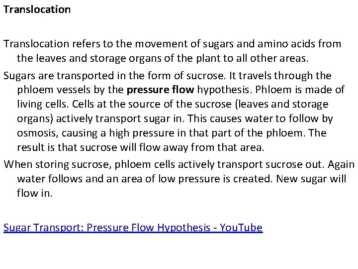 Translocation refers to the movement of sugars and amino acids from the leaves and