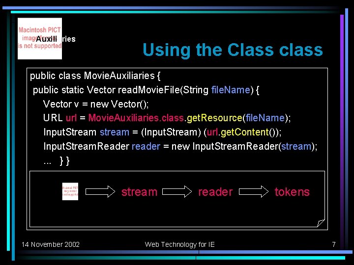 Auxiliaries Using the Class class public class Movie. Auxiliaries { public static Vector read.